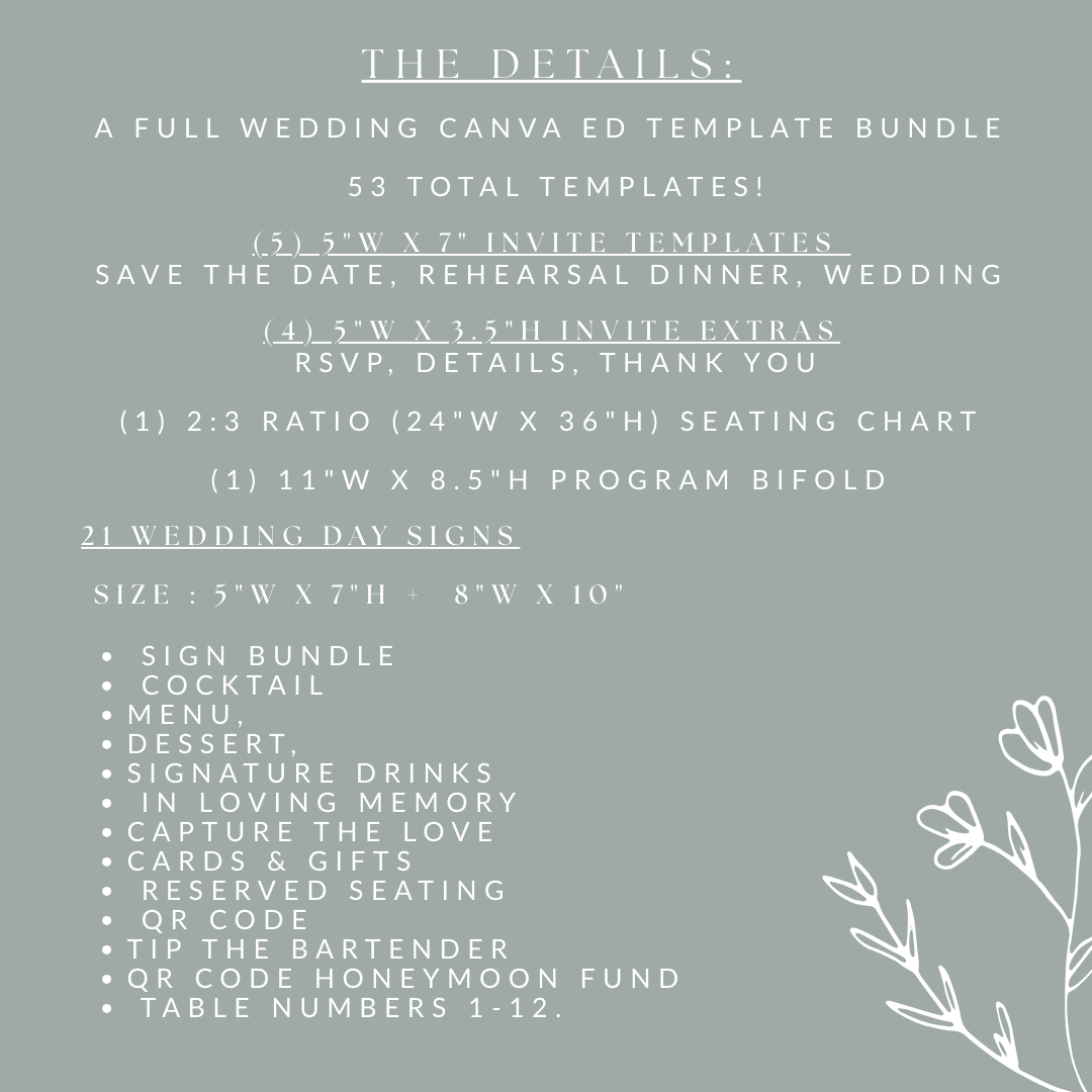 Sage Green Wedding Signage & Stationery Canva Bundle (53 Editable Templates)