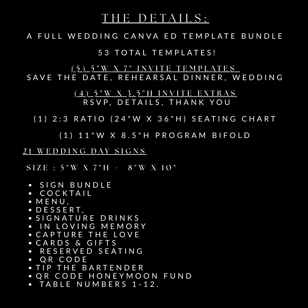 Black Wedding Signage & Stationery Canva Bundle (53 Editable Templates)