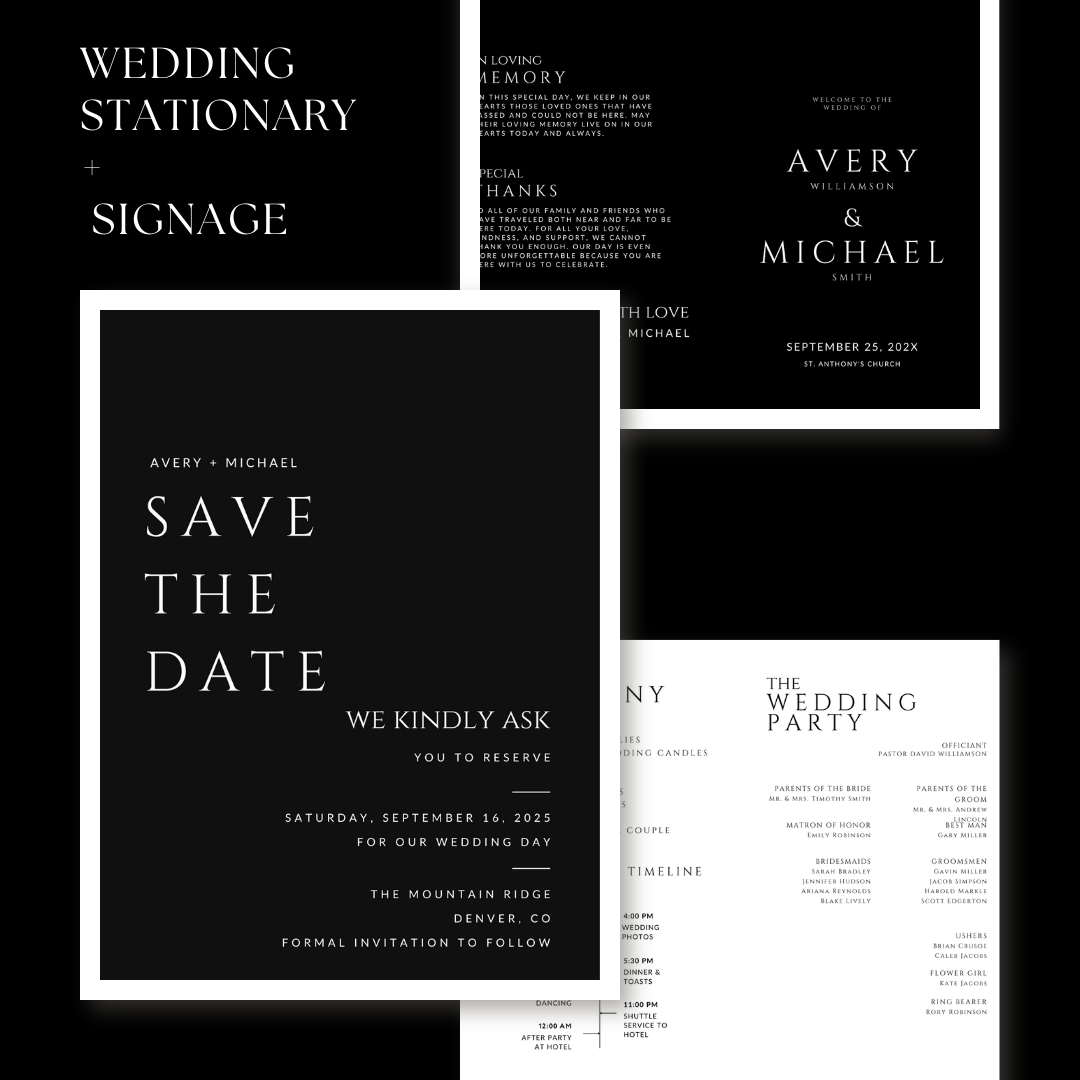 Black Wedding Signage & Stationery Canva Bundle (53 Editable Templates)