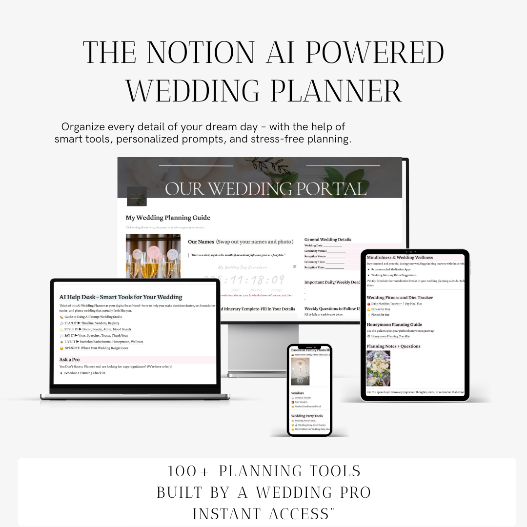 Digital wedding planning Notion template for brides and planners