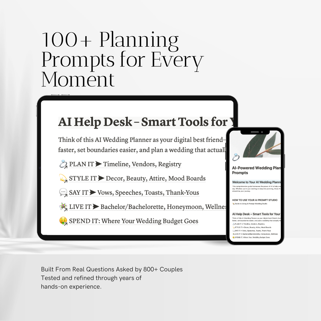 AI Wedding Planning Prompt Guide– Notion Template with Vow Generator, Budget Tracker, Decor Prompts, Timeline, and More