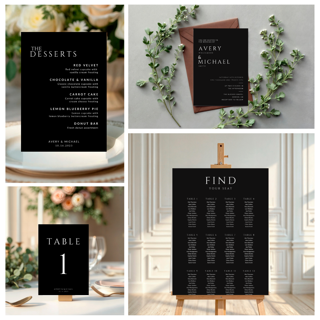 Black Wedding Signage & Stationery Canva Bundle (53 Editable Templates)