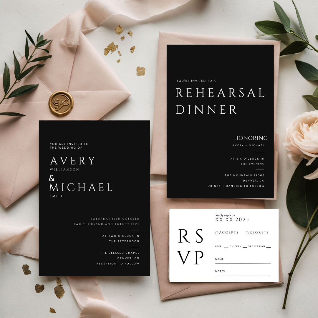 Black Wedding Signage & Stationery Canva Bundle (53 Editable Templates)