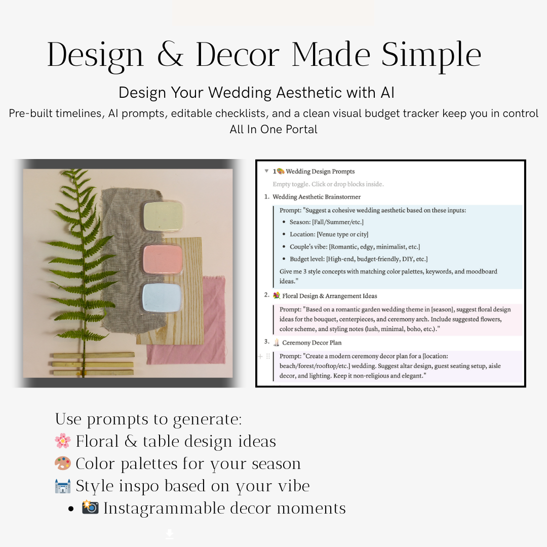 AI Wedding Planning Prompt Guide– Notion Template with Vow Generator, Budget Tracker, Decor Prompts, Timeline, and More