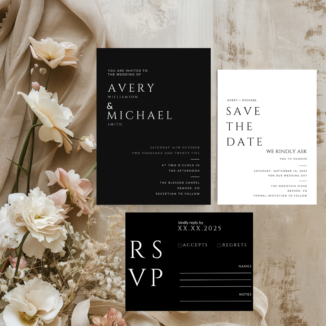 Black Wedding Signage & Stationery Canva Bundle (53 Editable Templates)