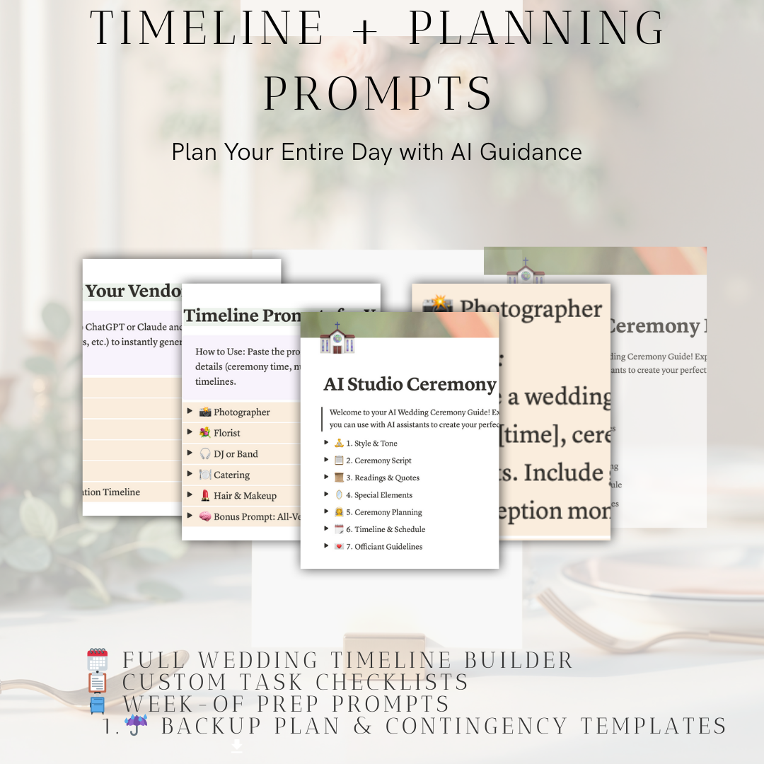 AI Wedding Planning Prompt Guide– Notion Template with Vow Generator, Budget Tracker, Decor Prompts, Timeline, and More