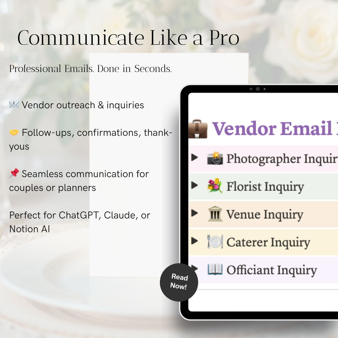 AI Wedding Planning Prompt Guide– Notion Template with Vow Generator, Budget Tracker, Decor Prompts, Timeline, and More