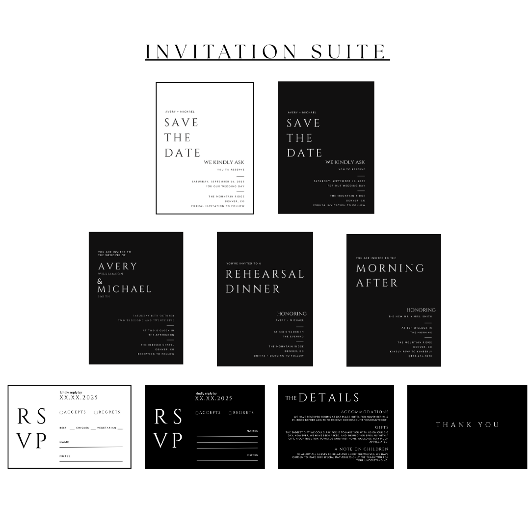 Black Wedding Signage & Stationery Canva Bundle (53 Editable Templates)