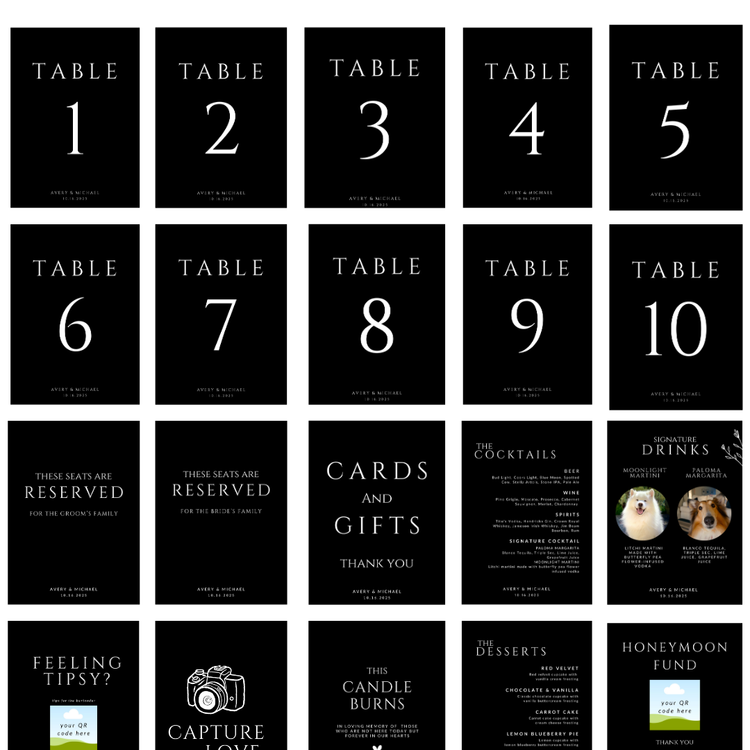 Black Wedding Signage & Stationery Canva Bundle (53 Editable Templates)